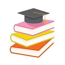 Graphic of three books stacked with square academic cap on top